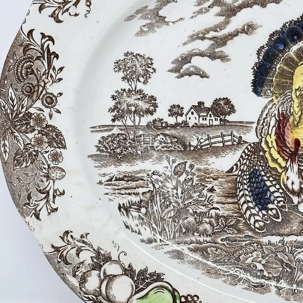 Vintage Japan Turkey Oval Platter Brown Transferware Thanksgiving Holiday 18”